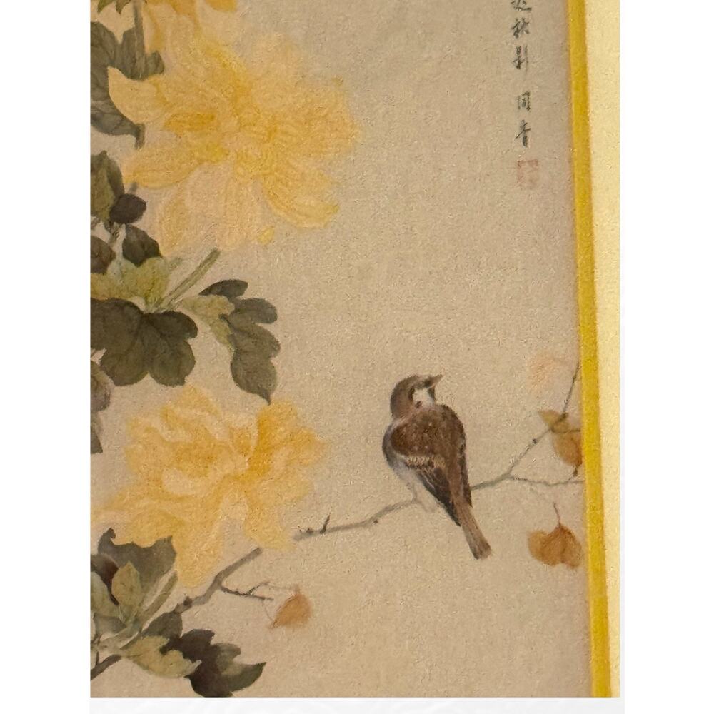 Vintage Tong Shiang Chang Bird and Chrysanthemum Mid Century Framed Art Print - Picture 4 of 10